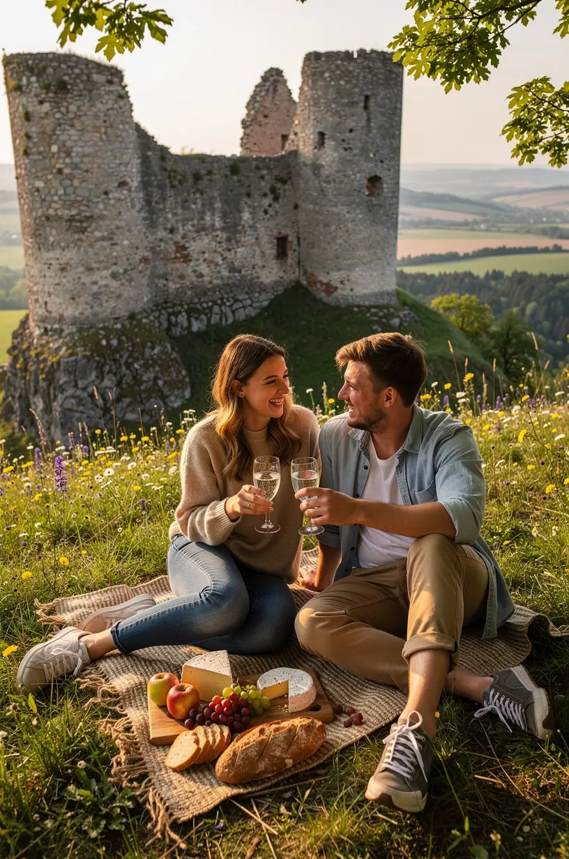 Návštevníci prechádzajúci sa po udržiavanej historickej trase vedúcej k významným kultúrnym miestam Slovenska.
